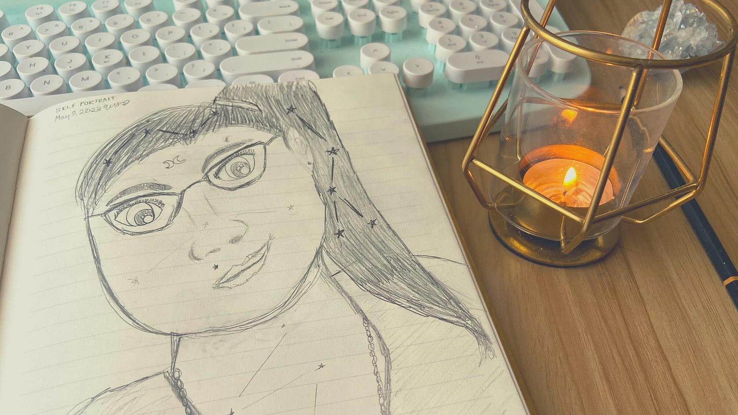 A rough pencil drawing self portrait of the author wearing glasses and with little constellations across their face, neck, and in their hair. The drawing sits on a desk next to a keyboard and a candle.