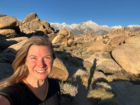 Photos of the Alabama Hills, Whitney Portal, and Lone Pine Lake including Liz and dogs