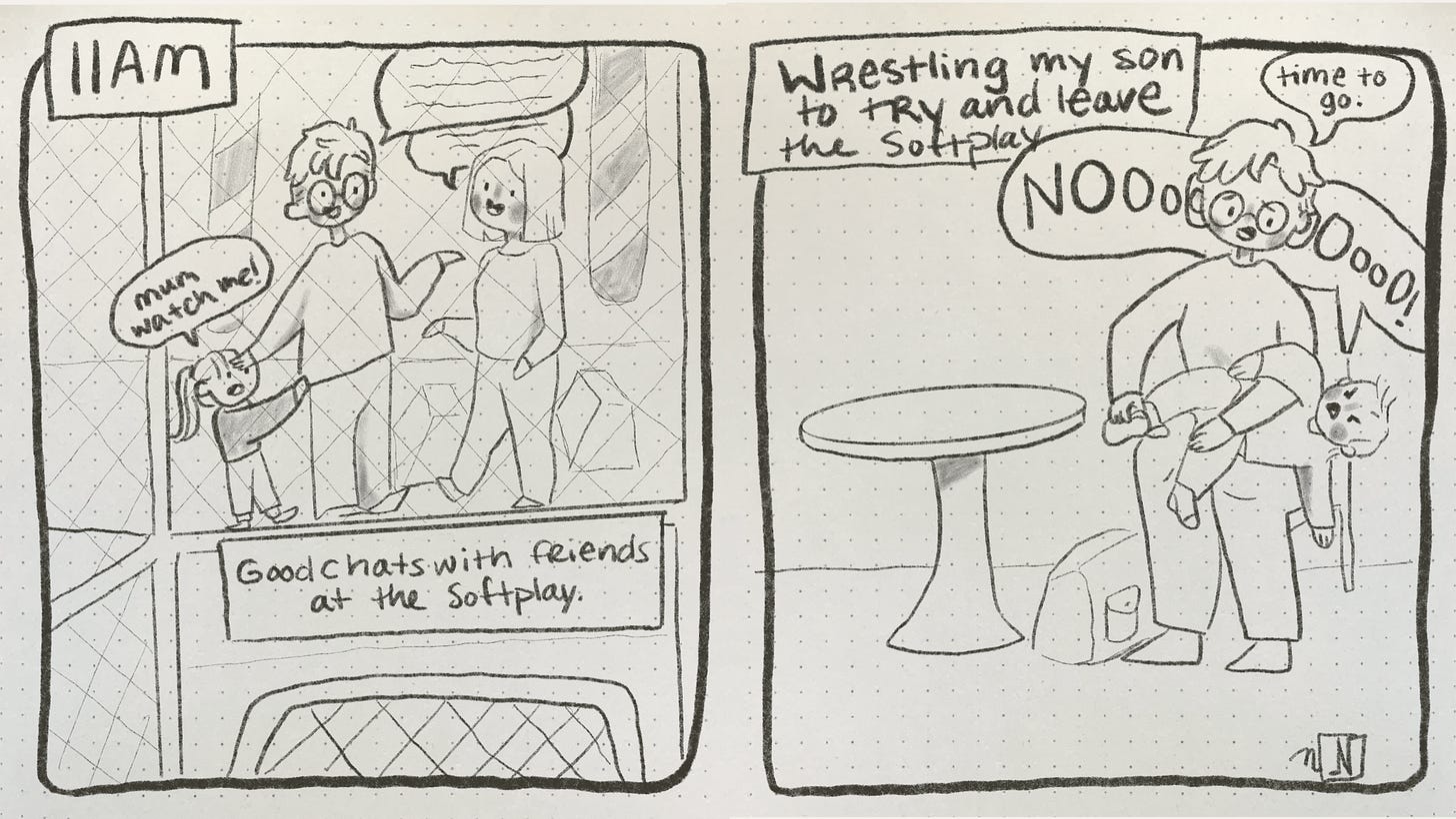 A 2 panel comic. 1st panel: 11AM a drawing of two adults standing inside a softplay chatting while a little girl pulls on one and says “Mum watch me!” The caption says “Good chats with friends at the softplay.” 2nd panel: shows an adult (the author, Nicki) wresting their toddler son trying to get his shoes on. The mum says “time to go.” And the child wails “NOOOoooOO!” The caption says “wrestling my son to try and leave the softplay.