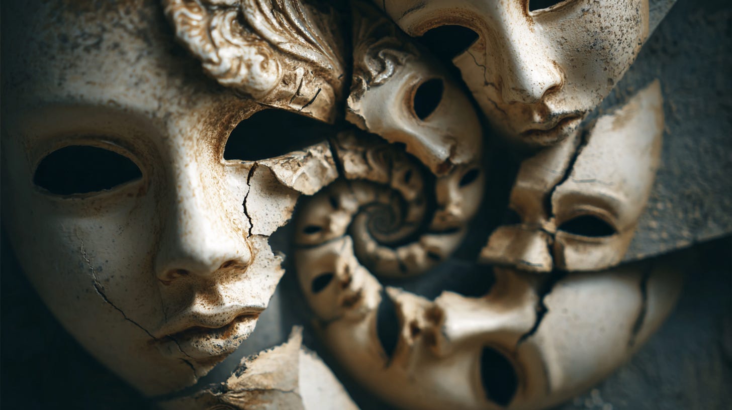 Neurodivergent masking survival strategies represented through cracking theatrical masks revealing true identity