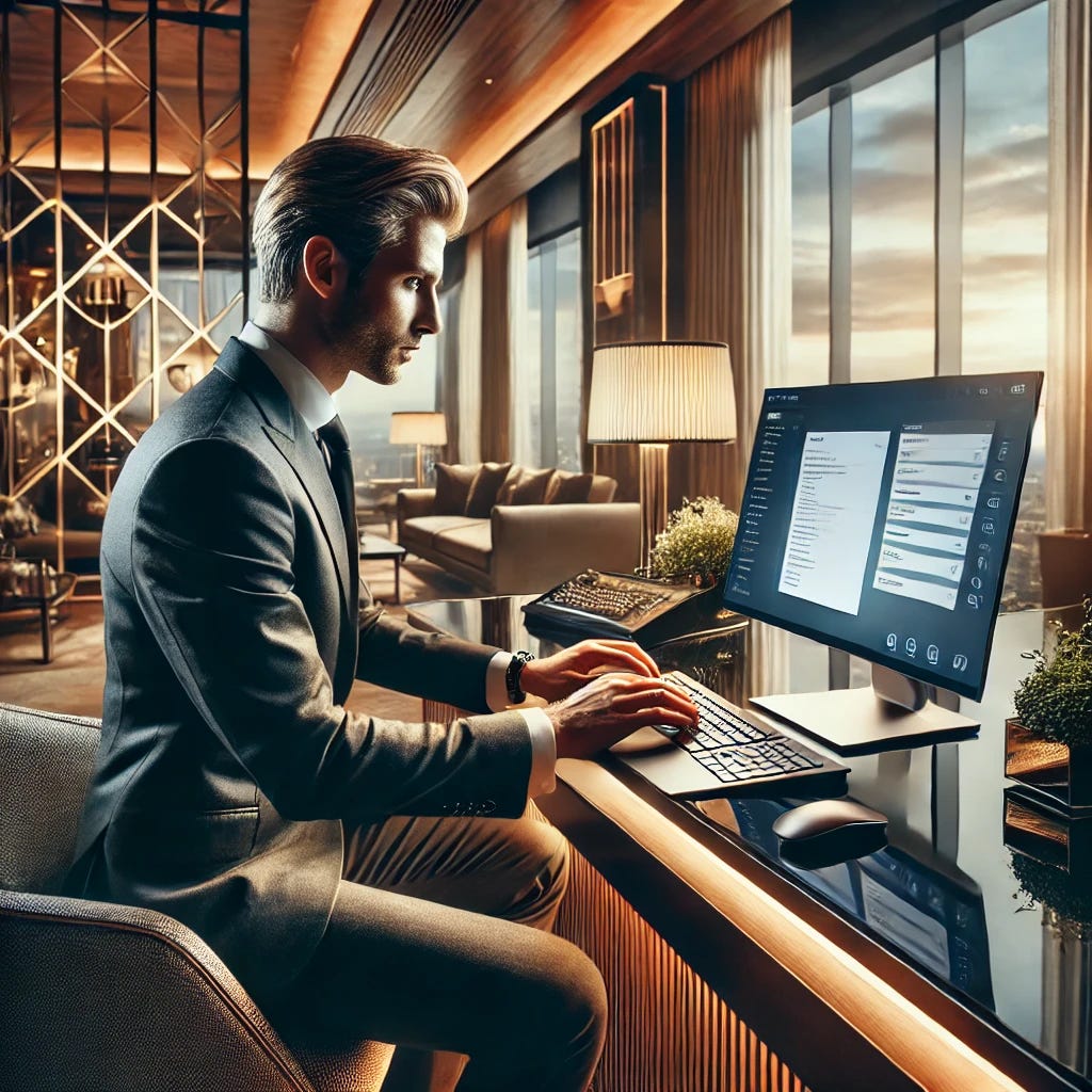 A professional enjoying a luxury computer experience at a modern, high-end desk. The person is deeply engaged in their work, using a sleek laptop with an elegant and highly efficient email interface. The background resembles the refined ambiance of a Four Seasons hotel, with luxurious decor, soft lighting, plush furnishings, and large windows offering a stunning view. The desk is accessorized with premium items, and the professional is dressed in stylish business-casual attire, exuding confidence and sophistication. The overall atmosphere is one of productivity and high-class comfort.
