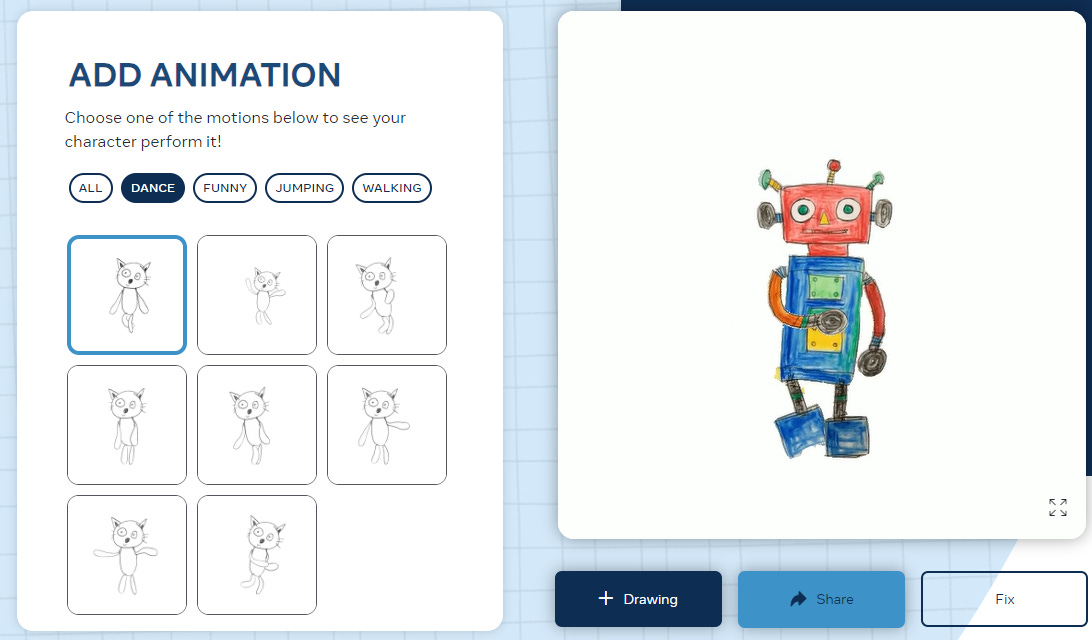 Selecting an animation from "Animated Drawings"