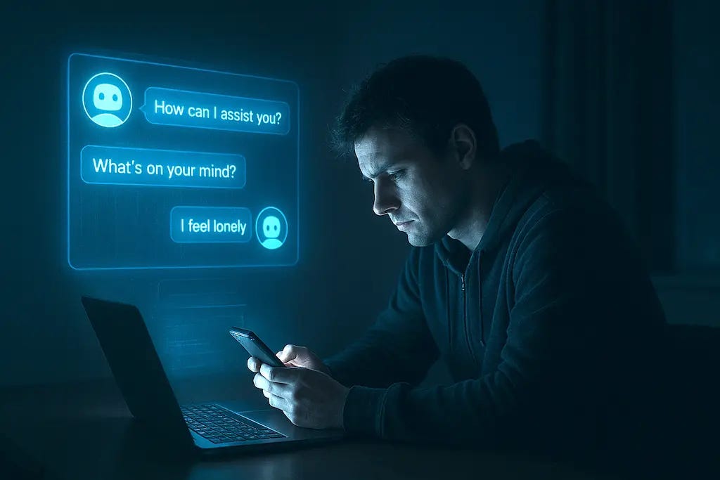 Pessoa sozinha com múltiplas telas à sua volta, interagindo apenas com IA virtual.
