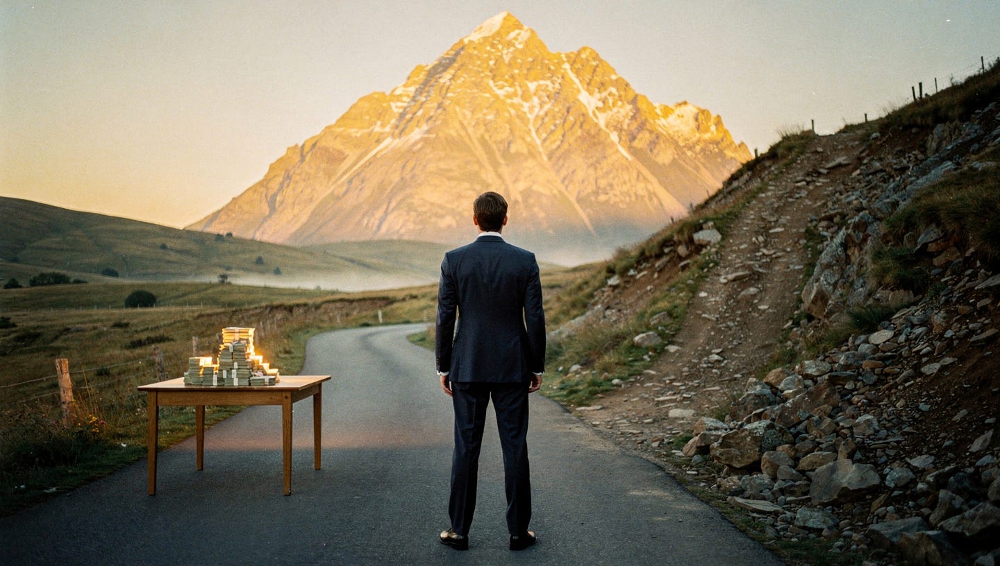A cinematic photograph of a businessman in a suit standing at a fork in a rural road during sunrise. The left path is paved, short, and leads to a small, modest pile of cash on a table. The right path is rocky, steep, and winds upwards toward a distant, massive mountain peak bathed in golden light. The atmosphere is contemplative and serious. Realistic film grain. 35mm lens.