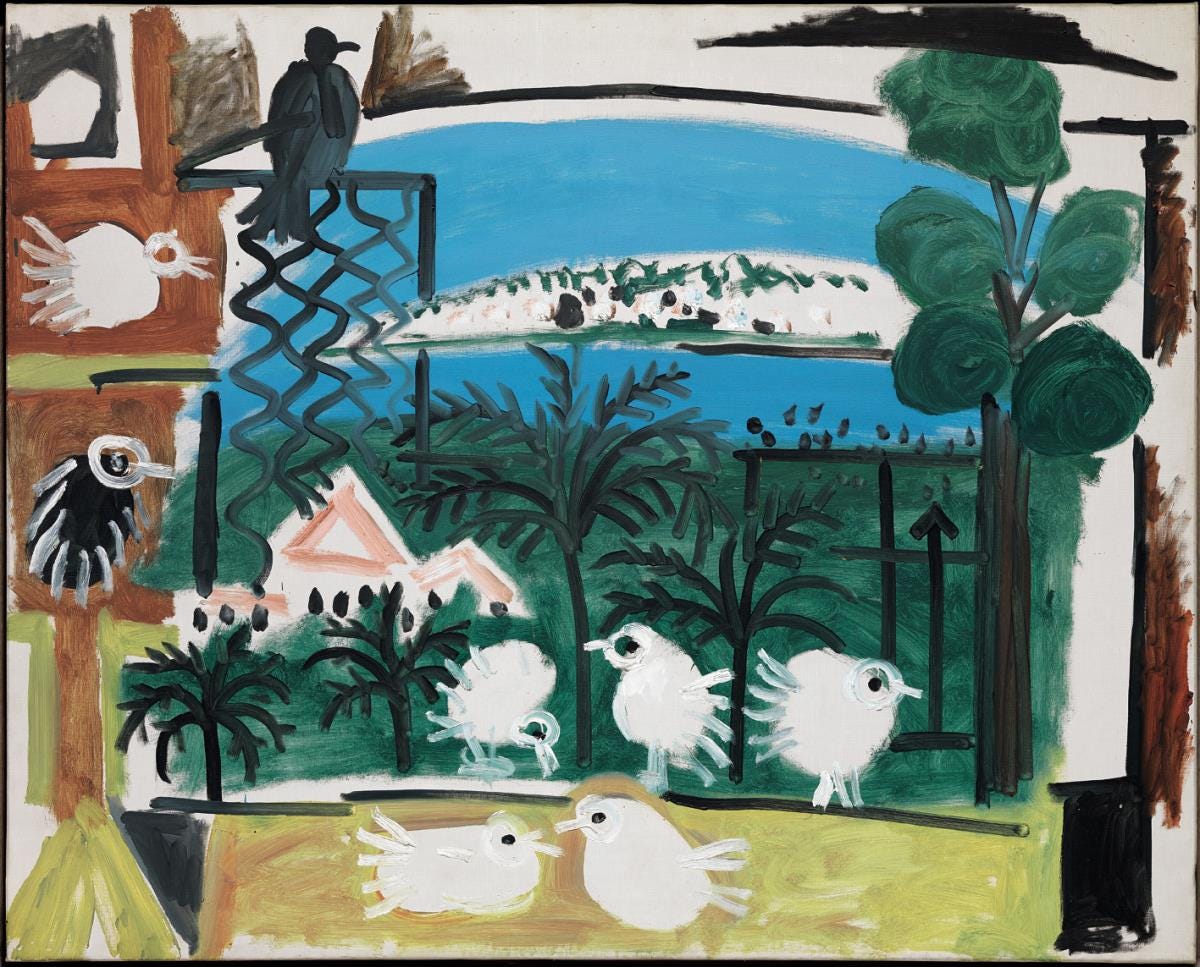 Pablo Picasso painting of pigeons in a dark interior setting with ruffled feathers and expressive brushwork