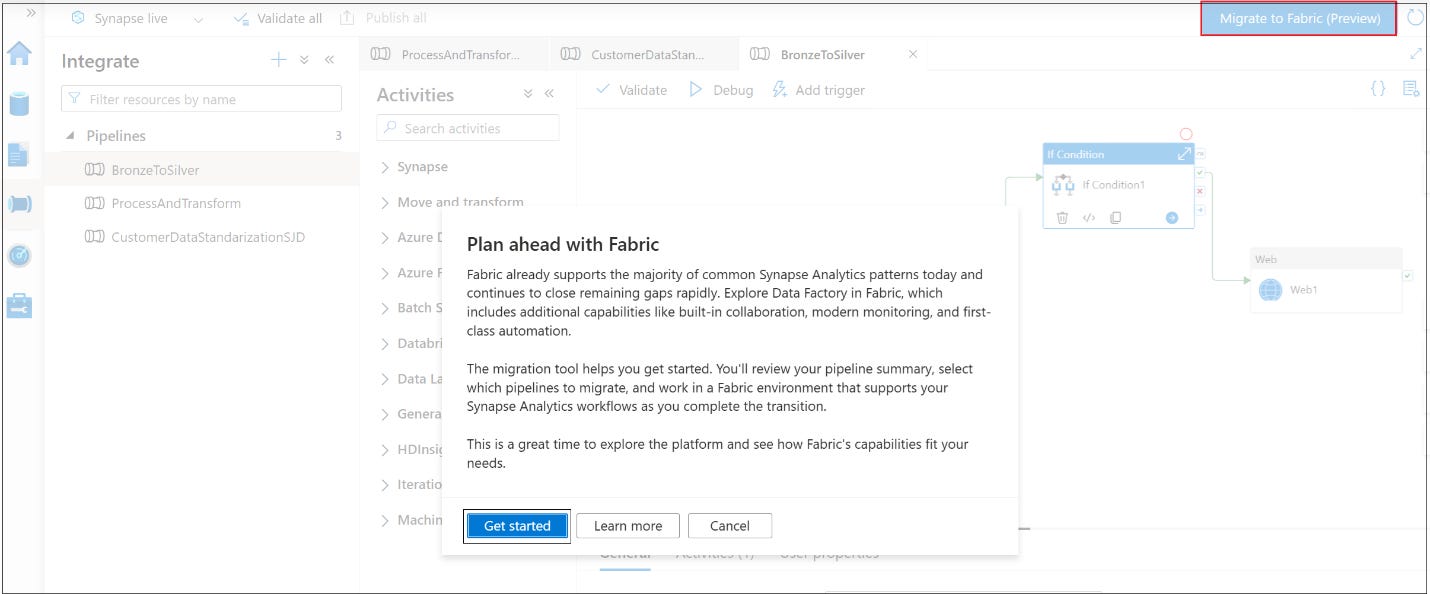 Screenshot showing Migrate to Fabric button and Get Started button to start migration assessment