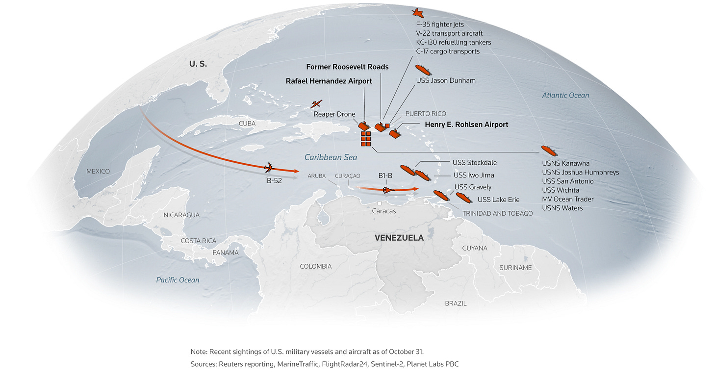 Recent sightings of U.S. military vessels and aircraft as of October 31, 2025 using a variery of sources (Source: Reuters)