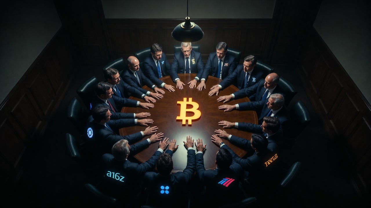 A top-down view of suited executives reaching toward a glowing Bitcoin symbol at the center of a dark boardroom table, with institutional logos including a16z and Bank of America visible, representing Wall Street and venture capital's encroachment on cryptocurrency A top-down view of suited executives reaching toward a glowing Bitcoin symbol at the center of a dark boardroom table, with institutional logos including a16z and Bank of America visible, representing Wall Street and venture capital's encroachment on cryptocurrency