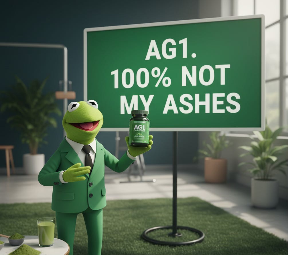 Kermit the Frog in a green suit holds a bottle of AG1 beside a sign reading ‘100% Not My Ashes.’ A parody of corporate wellness sincerity.