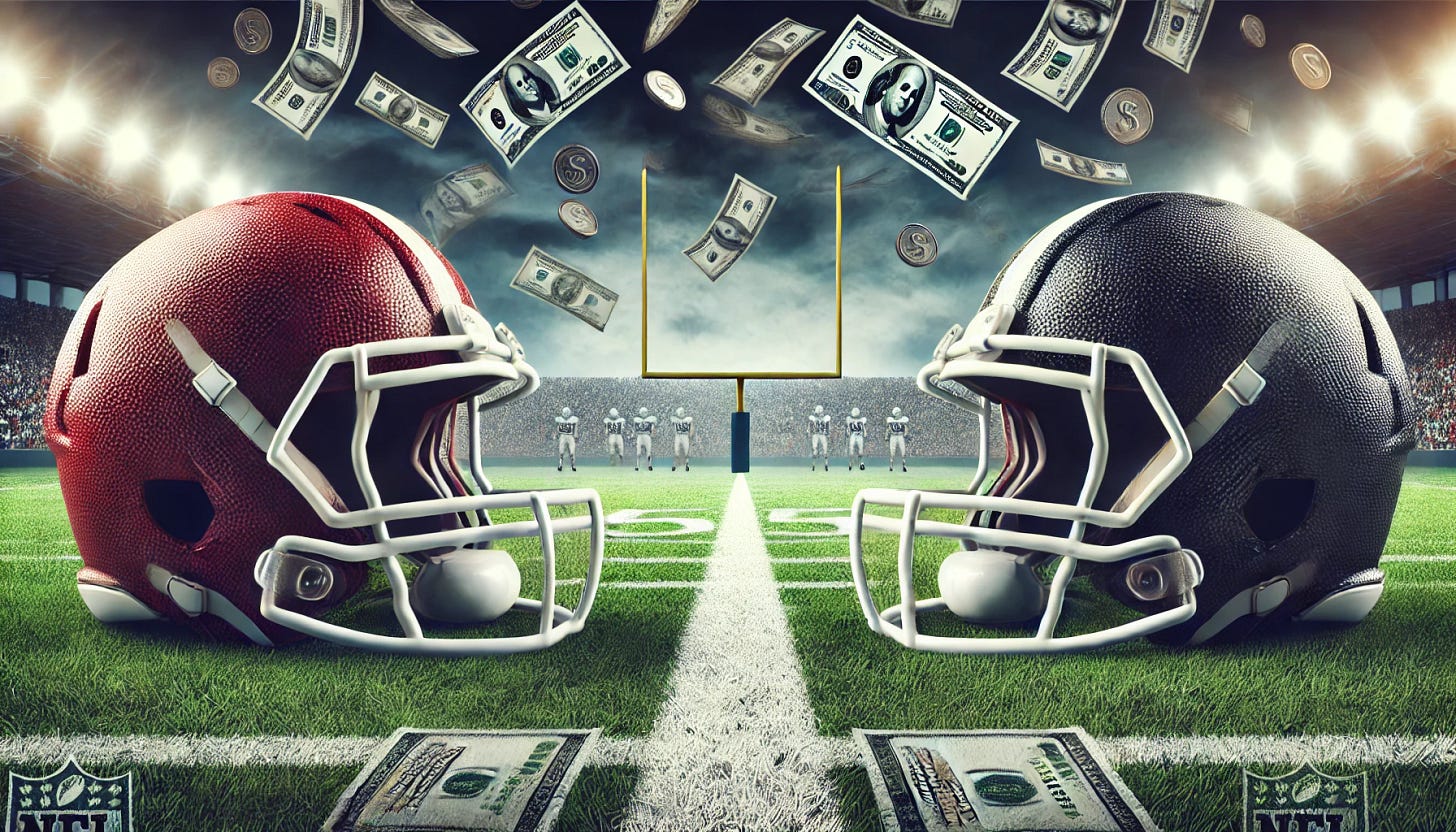 A wide, horizontal view of two football helmets facing each other in the foreground, representing a confrontation between two teams. In the background, there is a football field with goalposts visible. Scattered across the field, there are subtle images of money — dollar bills and coins — symbolizing the financial side of the sport. The scene captures the intensity of the game, with a focus on both competition and the big business aspect of football. The atmosphere is energetic yet reflective, blending sports and finance.