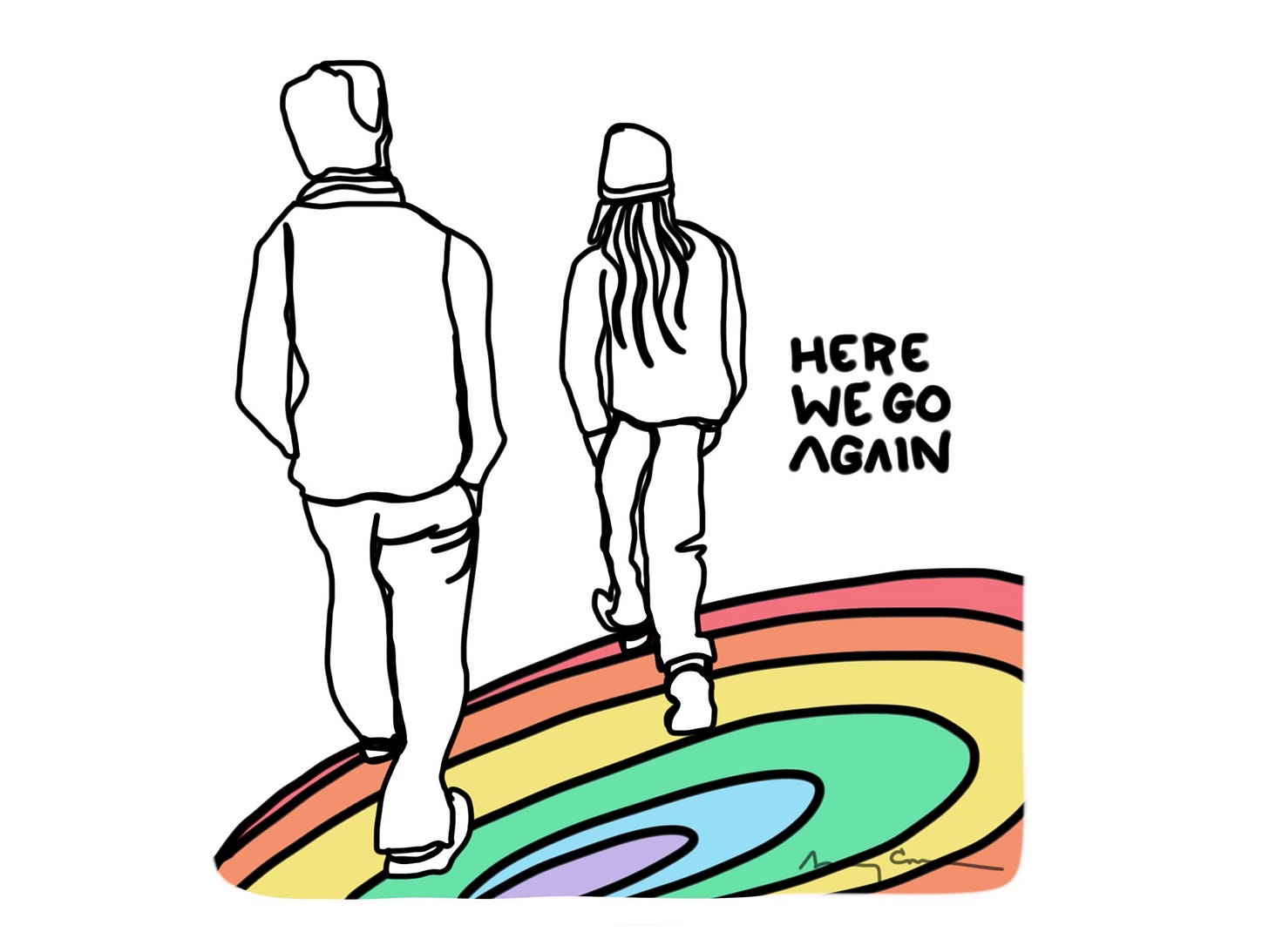 Two young men walking into the distance, contra drawing Two young men walking into the distance, contra drawing