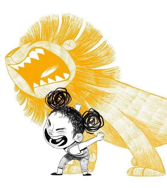 This may contain: a drawing of a lion and a kid with scissors in their hands, one holding the other's head