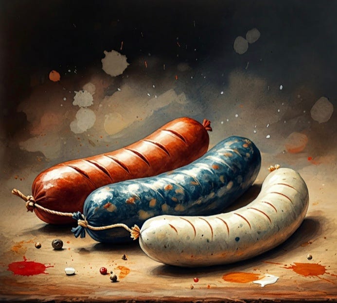Three different homemade sausages newly made and tied with strings Three different homemade sausages newly made and tied with strings