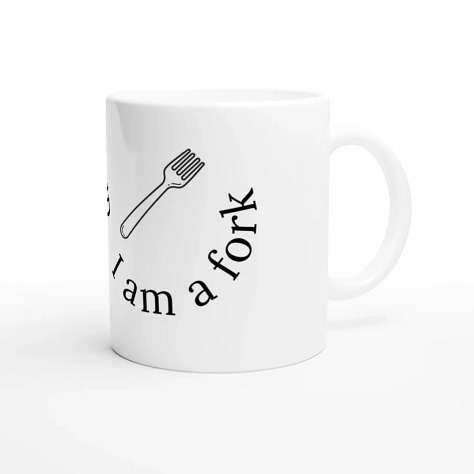 images of a mug from Nocturnal Narrator's website. The mug is white and the text is black, curled around the mug. There is a doodle of a bowl of soup and a fork