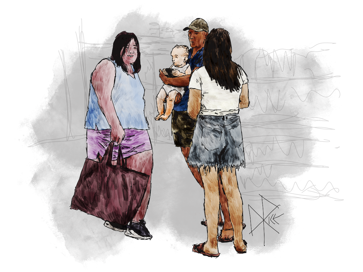 A woman has a conversation with two other people, as one of those two holds a baby in his arms. Sketch art by Don Rice. A woman has a conversation with two other people, as one of those two holds a baby in his arms. Sketch art by Don Rice.