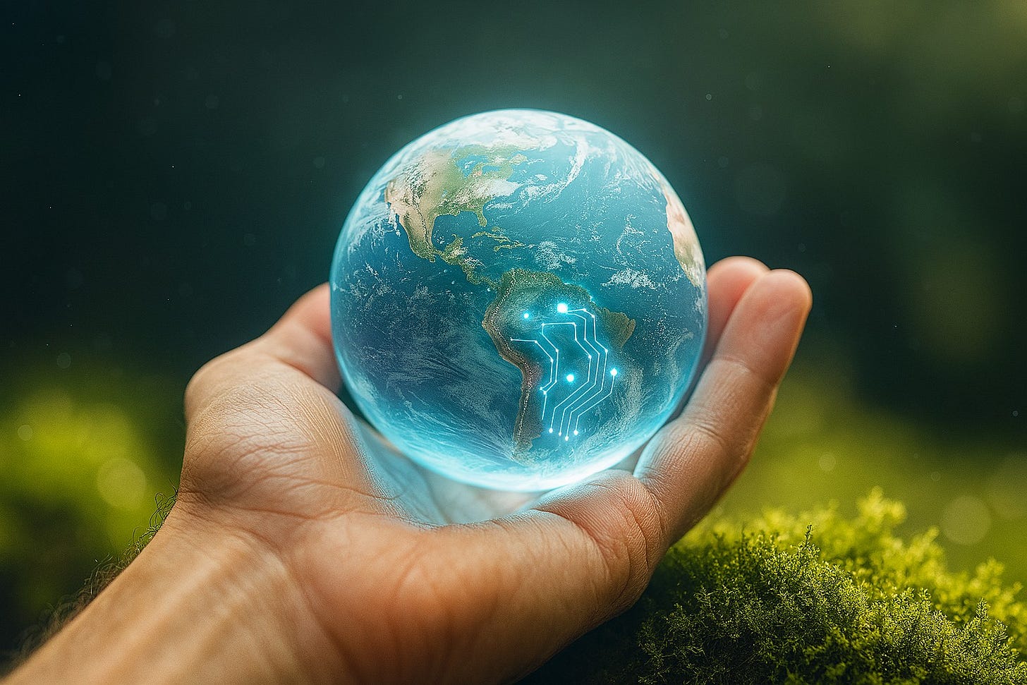 A human hand gently cradling a small, glowing planet Earth, its surface intricately patterned with luminous digital circuits, symbolizing that our world is a precious and complex system to be understood and protected.