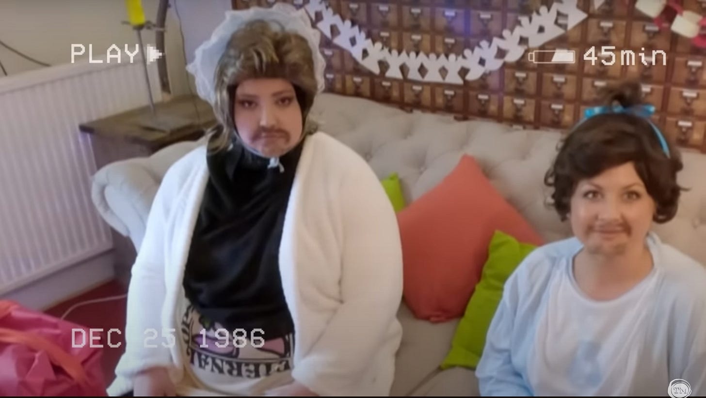 Fatiha El-Ghorri and Rosie Ramsey, dressed as little girls with beards.
