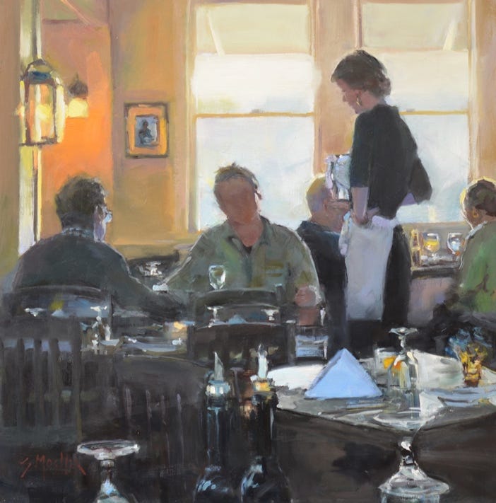 A painting of people sitting at tables

Description automatically generated