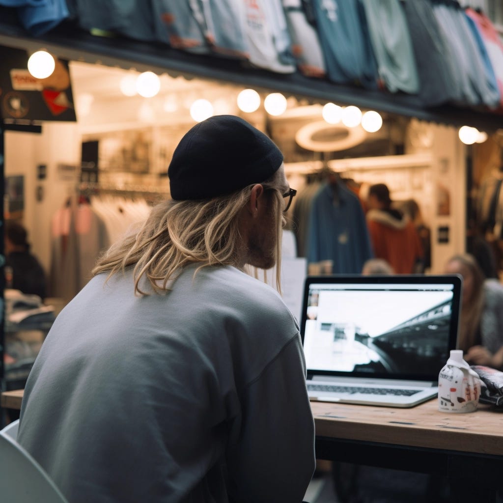 Blonde, long haired male working on a laptop, cinematic shot, from behind, no face in view, photorealistic, he is working in surf shop, dop, 35mm lens, paris street life Blonde, long haired male working on a laptop, cinematic shot, from behind, no face in view, photorealistic, he is working in surf shop, dop, 35mm lens, paris street life