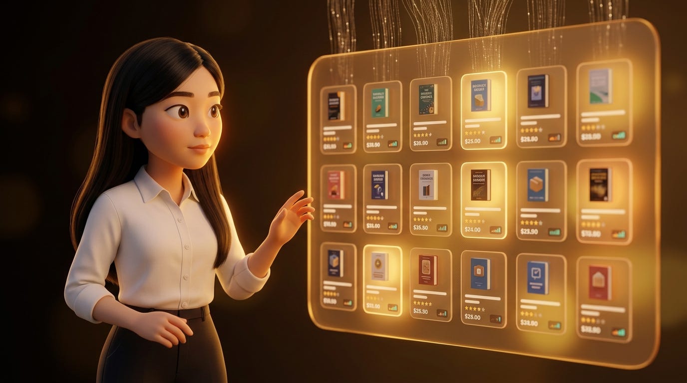 Pixar-style 3D illustration of Jenny Ouyang from Build to Launch standing in the left third of the frame, one hand raised toward a large glowing competitor research board to her right. The board displays a grid of product cards with covers, pricing, and scoring indicators, with AI data streams flowing into it from above. Warm amber light from the board illuminates her face against a dark background. Represents the AI-powered competitive research board built from 177 products across 5 platforms.