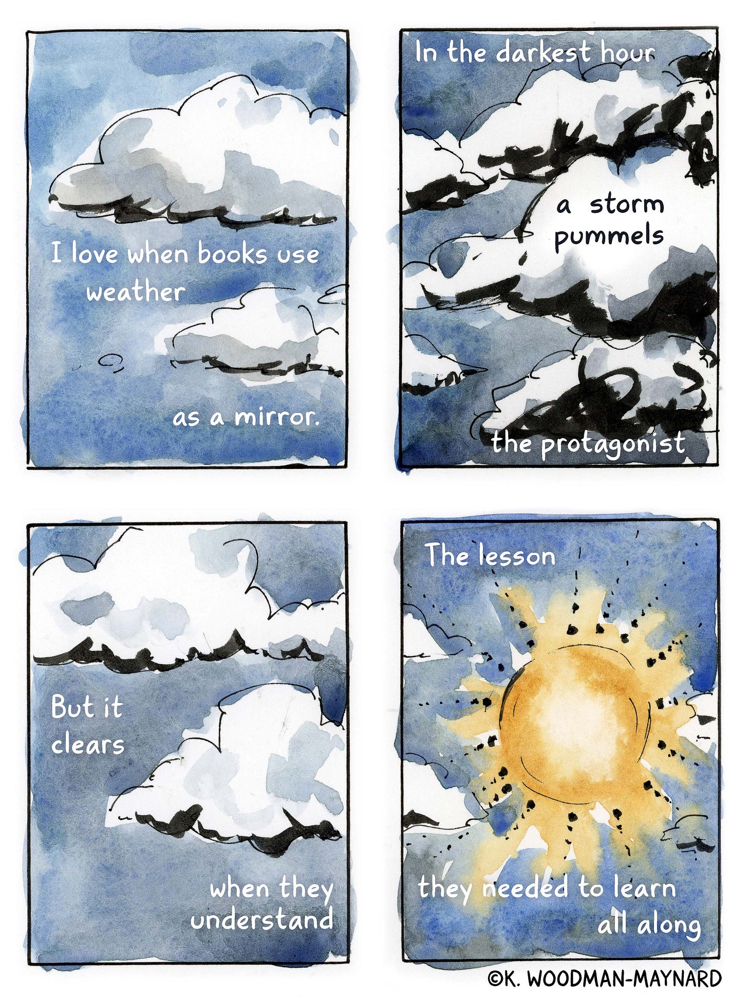 Watercolor comic about weather in comics and comic techniques by graphic novelist K. Woodman-Maynard. 