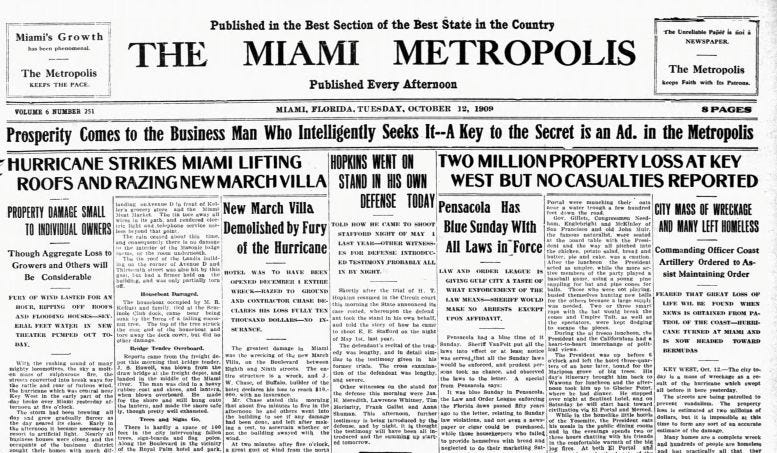 Front page of the Miami Metropolis on Tuesday, October 12, 1909. Front page of the Miami Metropolis on Tuesday, October 12, 1909.