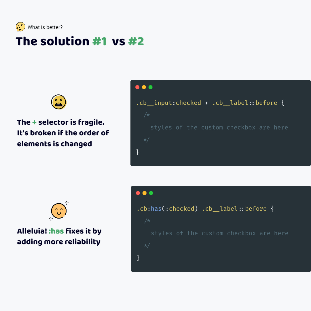 A wrong code. I use the + combinator. A correct code. I use the has pseudo class A wrong code. I use the + combinator. A correct code. I use the has pseudo class