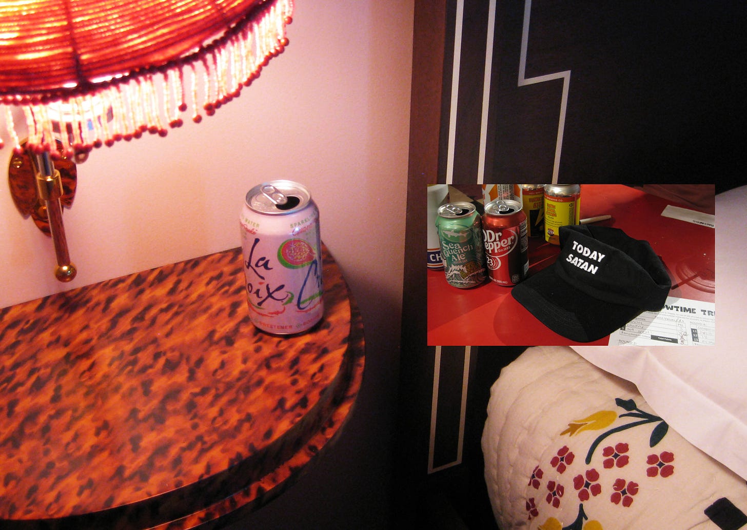 two photos by nat raum, layered: the background image is a photograph of a guava la croix can in a pink-toned hotel room. layered smaller over top is an image of a table at the ottobar with a "today satan" hat front and center