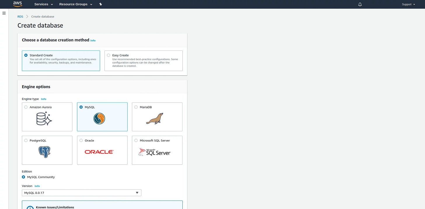 Configuration screen for a new MySQL database.