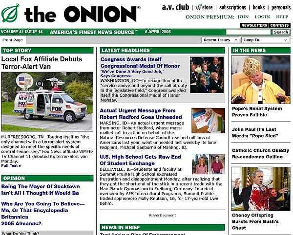 A screenshot of The Onion's front page from April 2005.