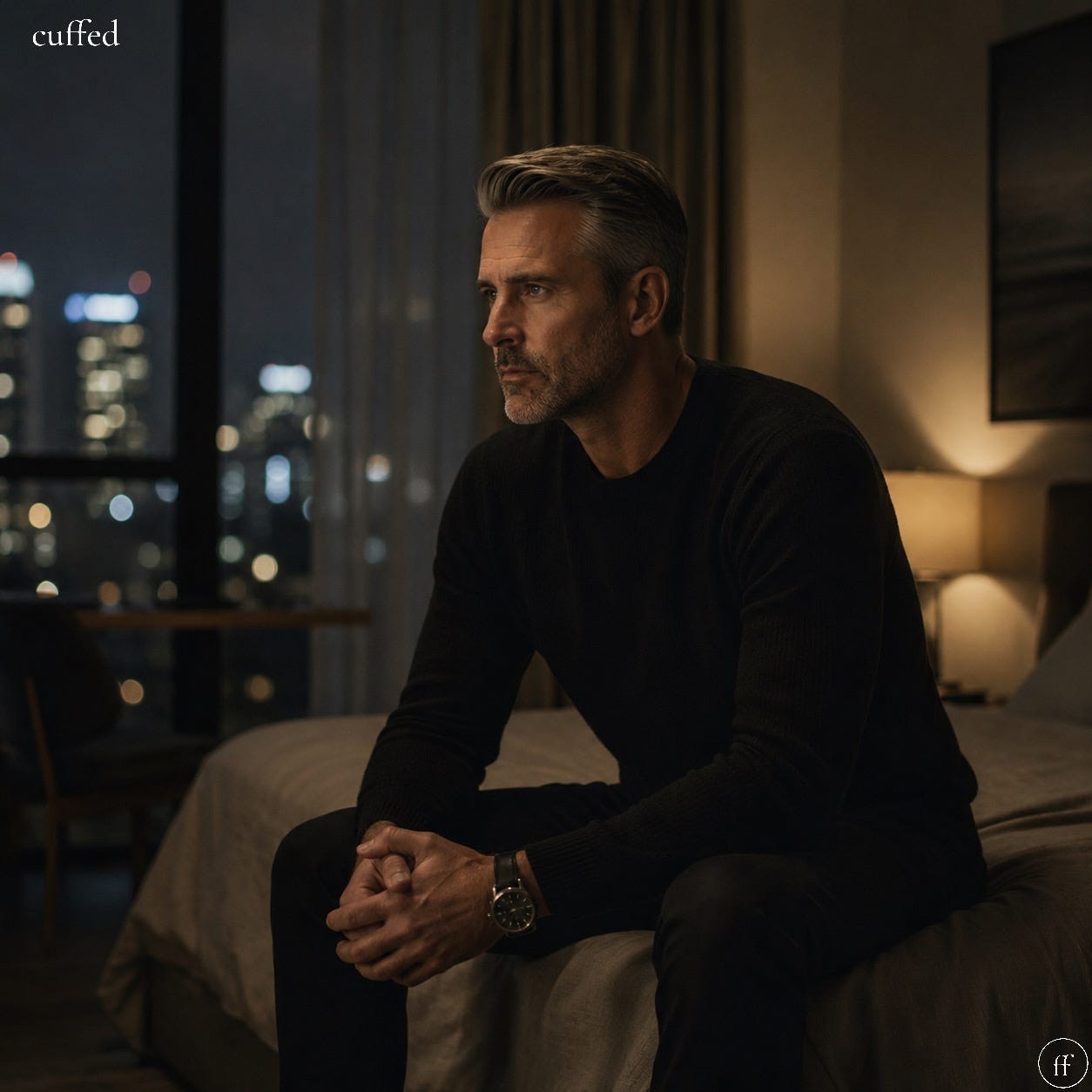 a man sits alone on the edge of a bed in a dimly lit city apartment, hands clasped, gaze fixed on the night skyline beyond the window. warm lamp light cuts through the dark. black sweater, leather watch, silver-grey hair. the stillness in his posture reads less like rest and more like reckoning. cream "cuffed" wordmark top-left, beige fused ff logo bottom-right. masculine introspection. nervous system stability. musing no. 106. a man sits alone on the edge of a bed in a dimly lit city apartment, hands clasped, gaze fixed on the night skyline beyond the window. warm lamp light cuts through the dark. black sweater, leather watch, silver-grey hair. the stillness in his posture reads less like rest and more like reckoning. cream "cuffed" wordmark top-left, beige fused ff logo bottom-right. masculine introspection. nervous system stability. musing no. 106.