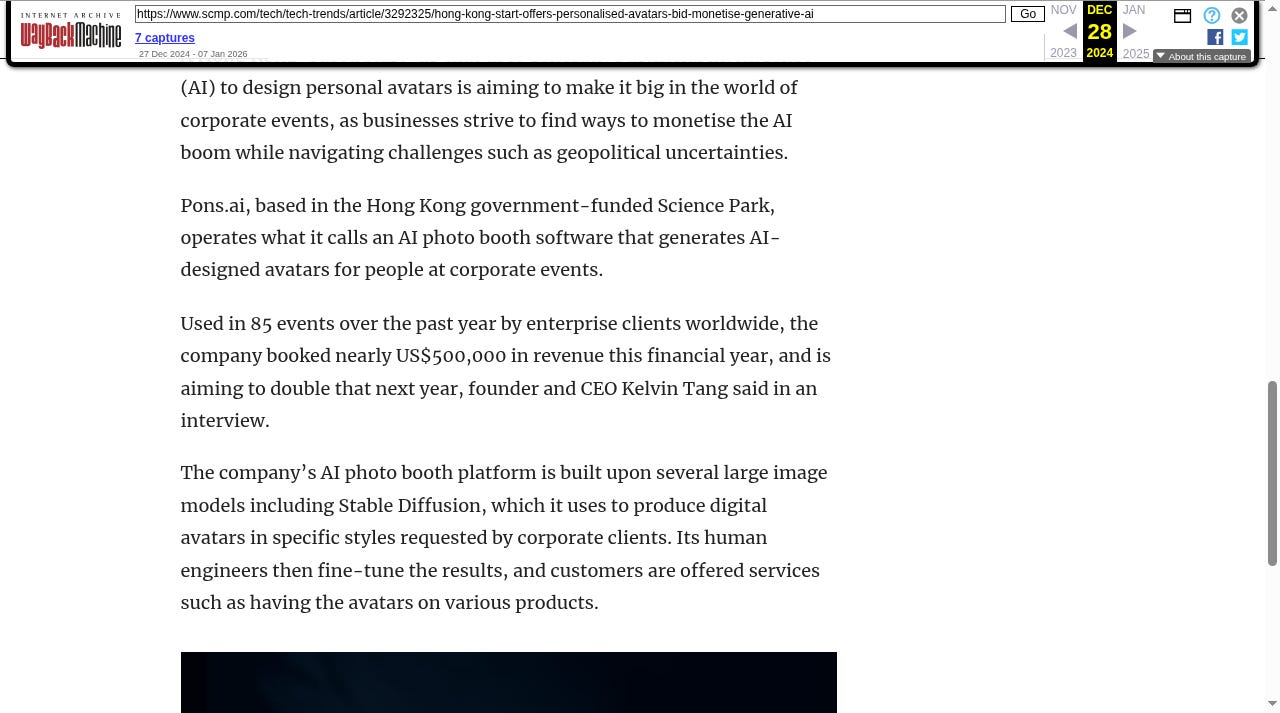 Body text of the South China Morning Post article. It states Pons.ai operates an AI photo booth software used in 85 events over the past year, booked nearly 500,000 US dollars in revenue, and is built upon several large image models including Stable Diffusion.