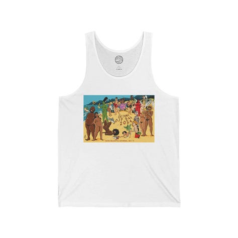 A gallery of past Planet Nude Skinny Dip Day merch featuring Zaftig Pink's previous designs. The 2024 art, a sunny, crowded beach scene of diverse nude cartoon figures, appears on a white ceramic mug and a white jersey tank. The 2025 art, a vivid purple cosmic scene of nude aliens and astronauts, appears on a white jersey tank and a white ceramic mug.