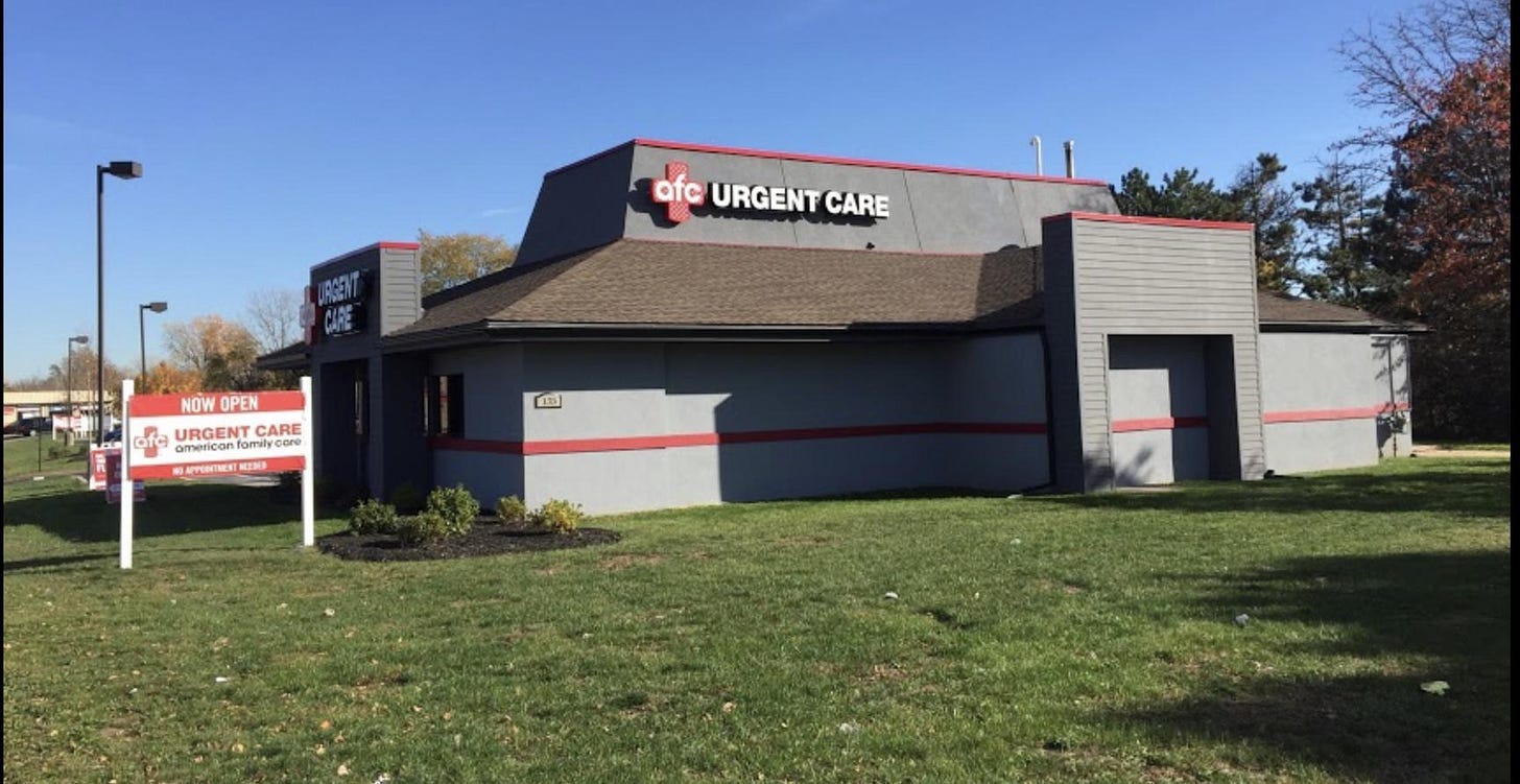 A former Pizza Hut that is now an Urgent Care facility.
