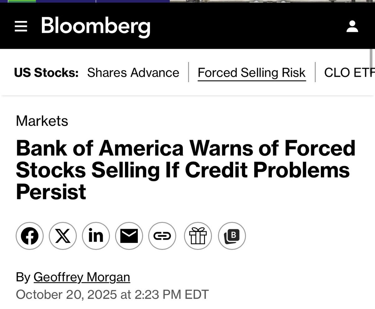 Screenshot of Bloomberg article titled Bank of America Warns of Forced Stocks Selling If Credit Problems Persist, with sections on US Stocks shares advance forced selling risk CLO ETF, markets, and details from October 20 2025 at 223 PM EDT by Geoffrey Morgan.