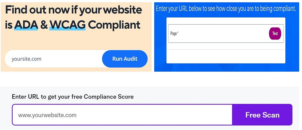 Three vendors’ instant ADA testing options, screenshot on December 21, 2021