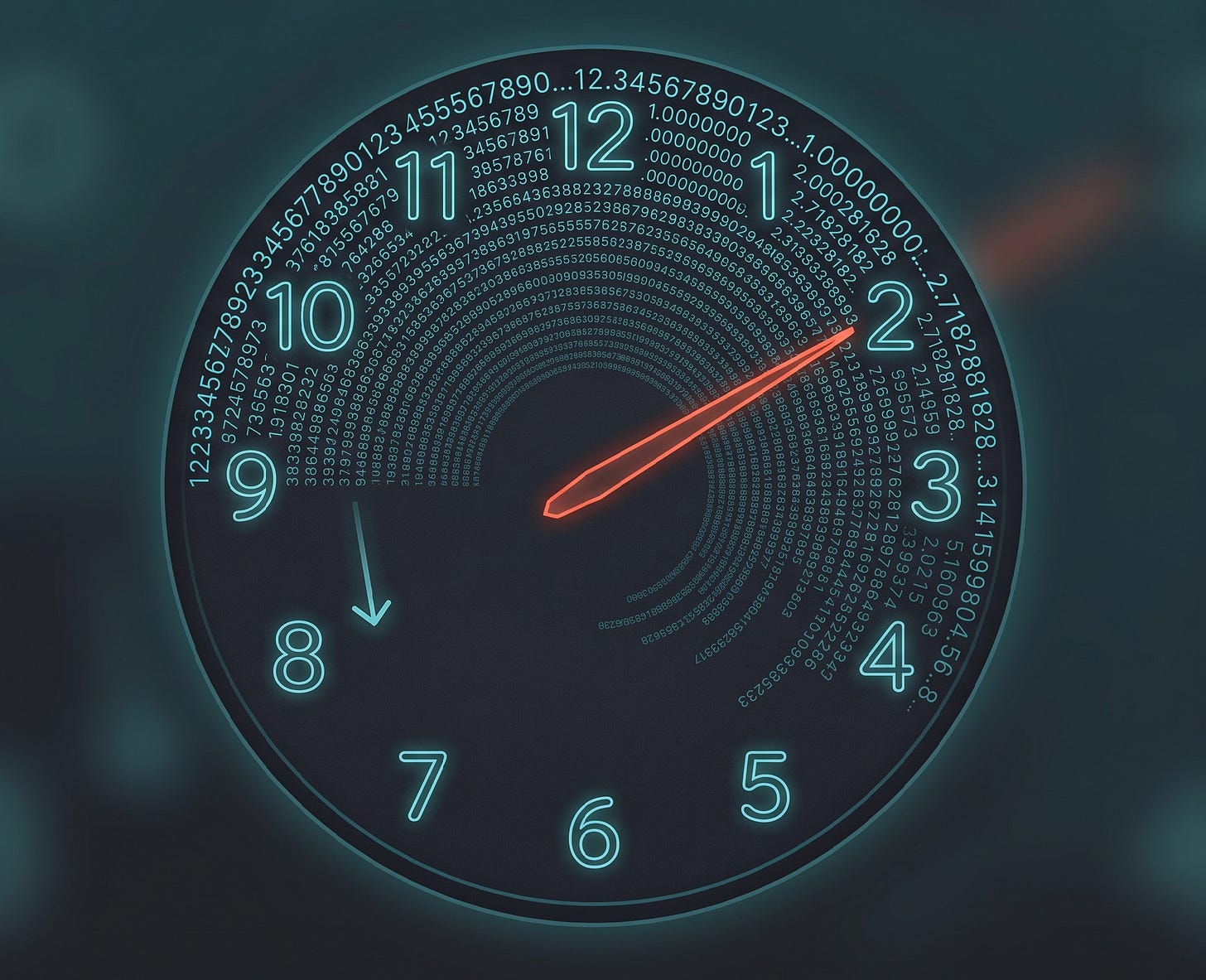 A conceptual clock face whose precise digits thin and simplify toward the lower hours with the hand sweeping toward a downward arrow, illustrating quantization as the countdown driving AI hardware costs down and local model adoption up.
