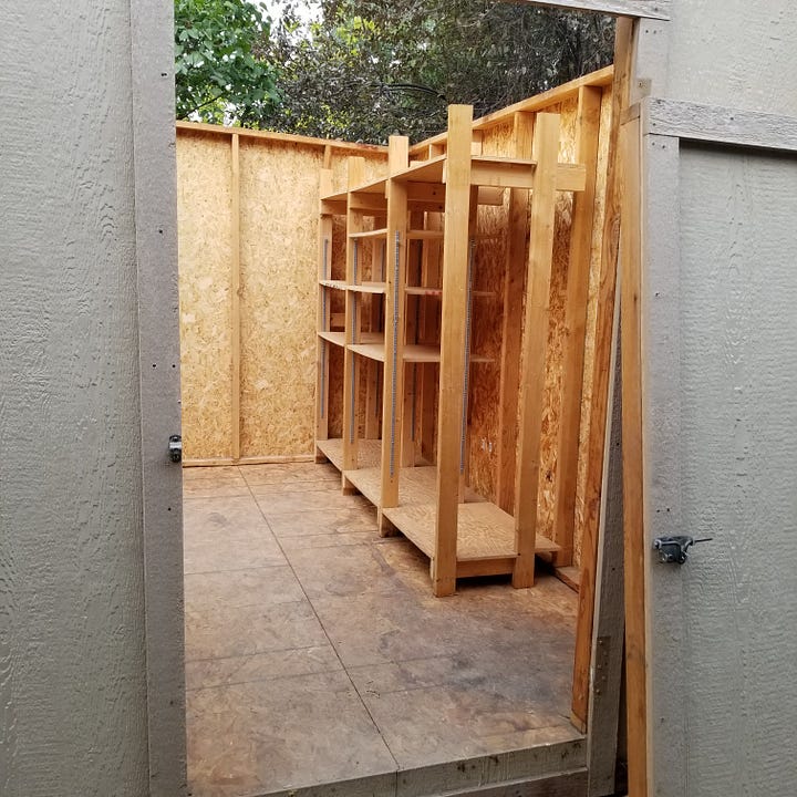 pictures of an unpainted 8 x 10 garden shed, stripped to the basics.