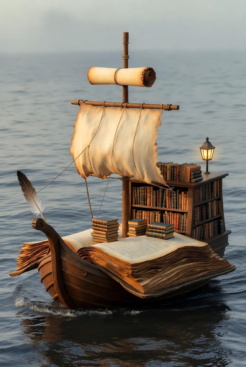 A whimsical book-shaped ship on water, featuring open book cover, scroll mast, and cluttered deck.