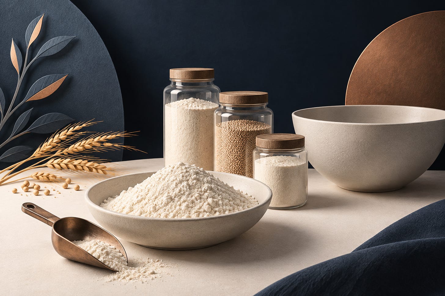 Illustrated flour, a metal scoop and unlabelled jars. Illustrated flour, a metal scoop and unlabelled jars.