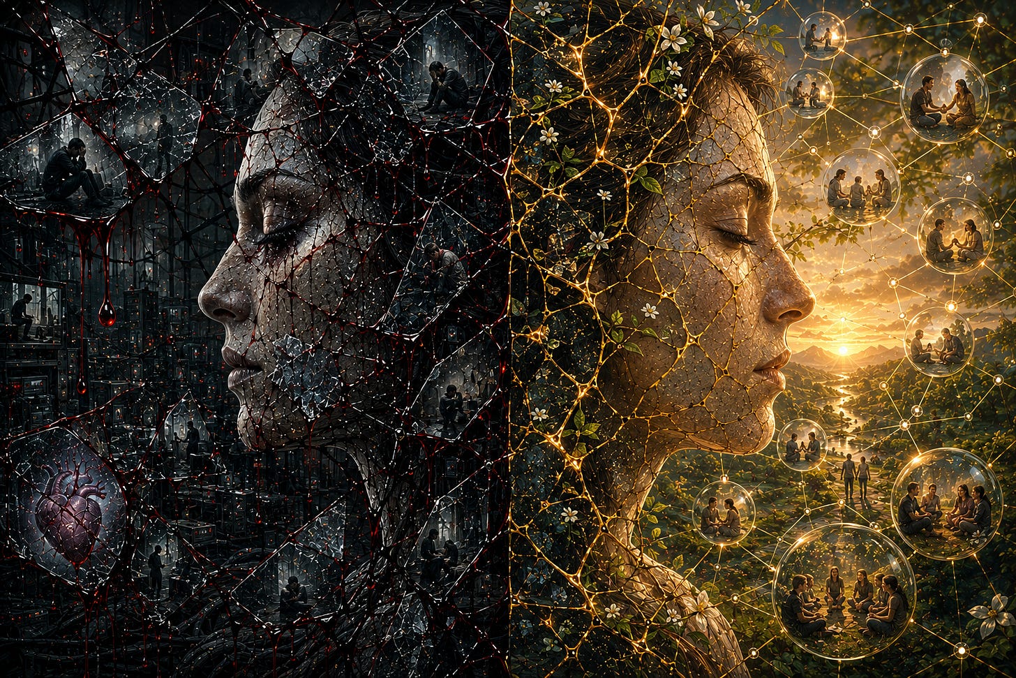 The same broken face twice: on one side the cracks bleed, on the other they shine with gold. Nothing was repaired. The fracture simply learned a different future.