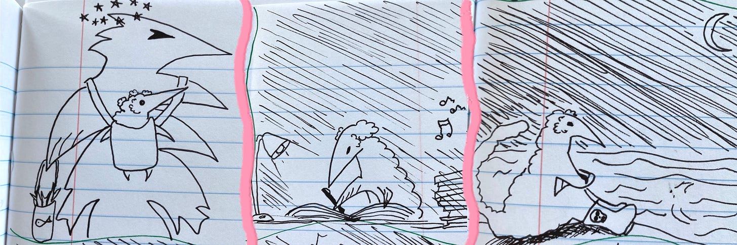Three more panels in the life of the same monster. In the first panel the monster is a baby strapped to its spiky parent’s chest. In the second, it is a child in its room at night, drawing in a notebook, illuminated by a desk lamp. In the third it is a surly teenager at the beach under the moonlight. Its boots are decorated with skulls instead of stars.
