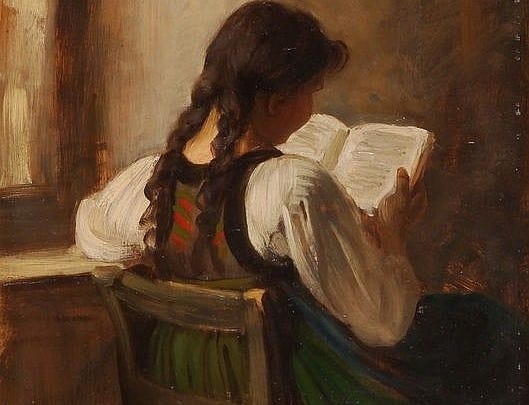 This may contain: a painting of a woman reading a book