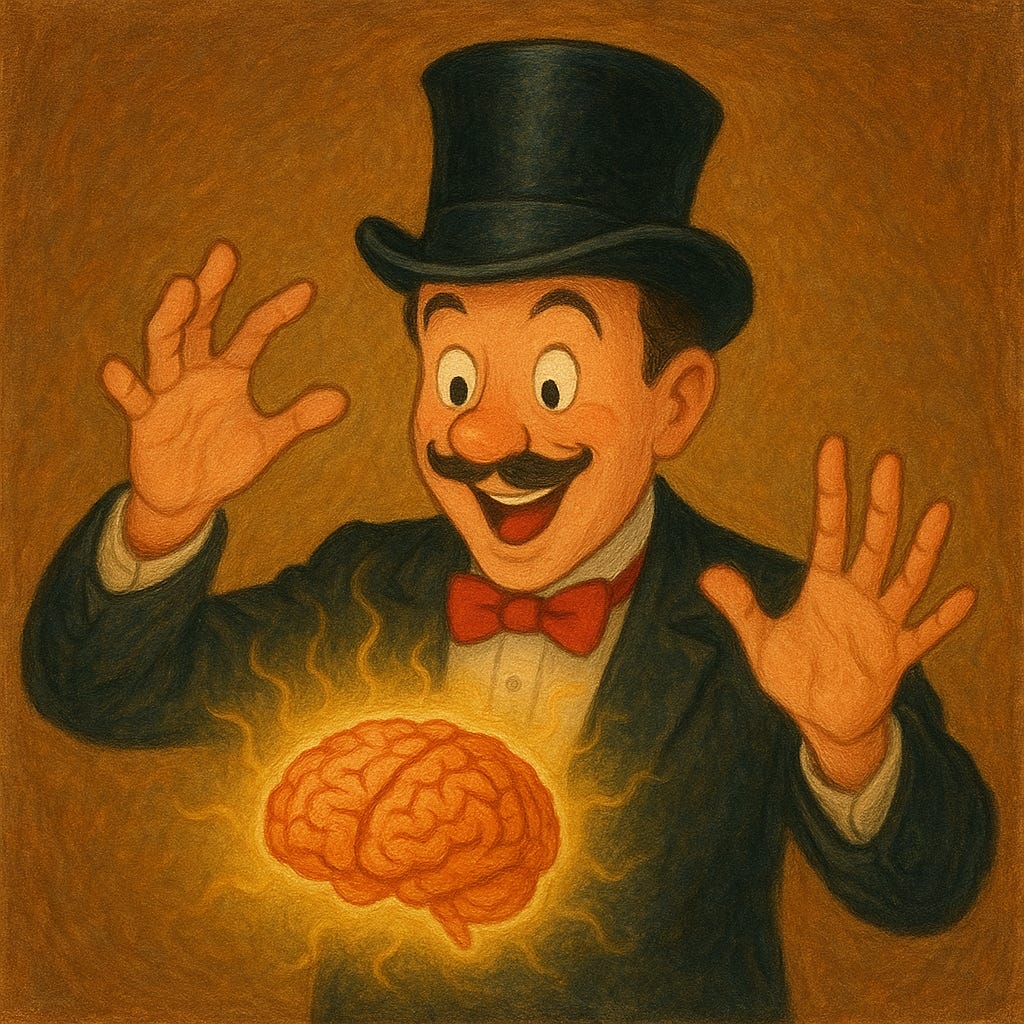 Playful magician casting a trick on a brain