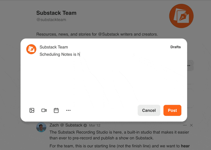 Substack Team (@substackteam): "Scheduling Notes is officially here ...