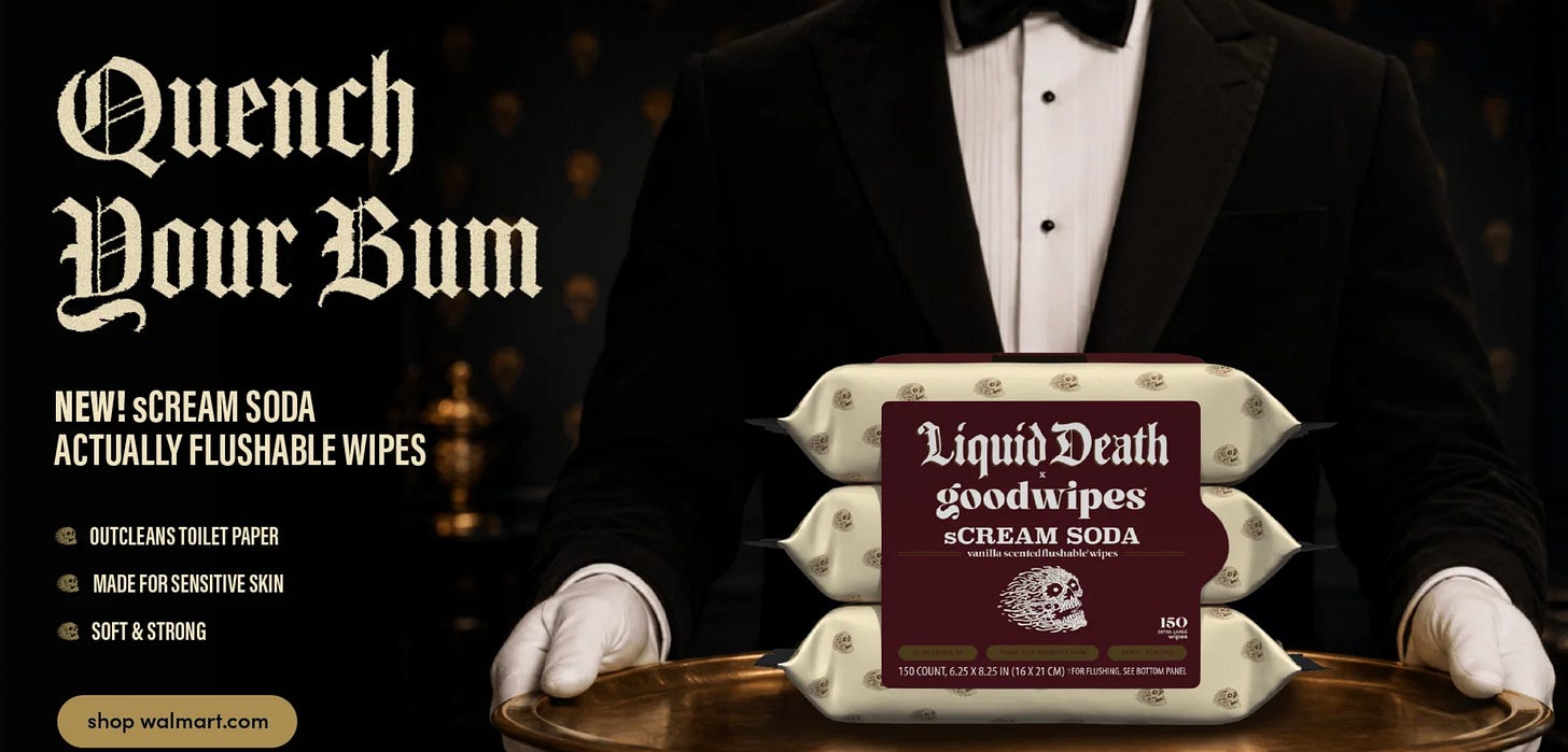 Ad for goodwipes "scream soda," with the phrase "quench your bum." Image features a torso in a suit with white gloves holding a package of the wipes on a gold tray Ad for goodwipes "scream soda," with the phrase "quench your bum." Image features a torso in a suit with white gloves holding a package of the wipes on a gold tray