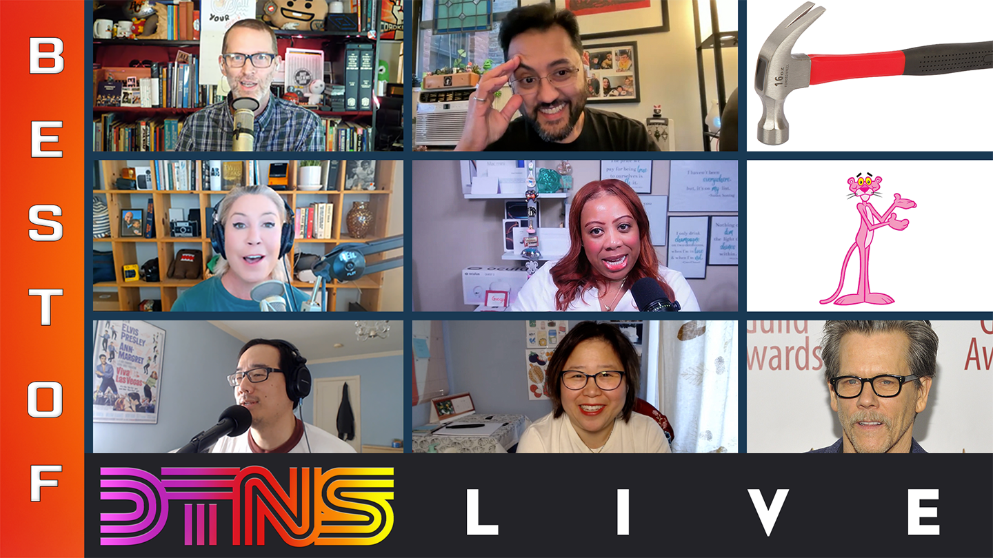 An image composed of a 3x3 grid of nine images, six of which are some of the guests and hosts of DTNS Live who have appeared on the show in October 2025 - Tom Merritt, Iyaz Akhtar, Sarah Lane, Nica Montford, Roger Chang, Nicole Lee. Three other photographs on the right side are (1) a photograph of a hammer, (2) an image of the Pink Panther from the animated tv show, and (3) a photograph headshot of Kevin Bacon. Vertically on the left is “BEST OF” in white text on an orange background. Across the bottom is the DTNS Live logo and the word LIVE in white text on a black background.