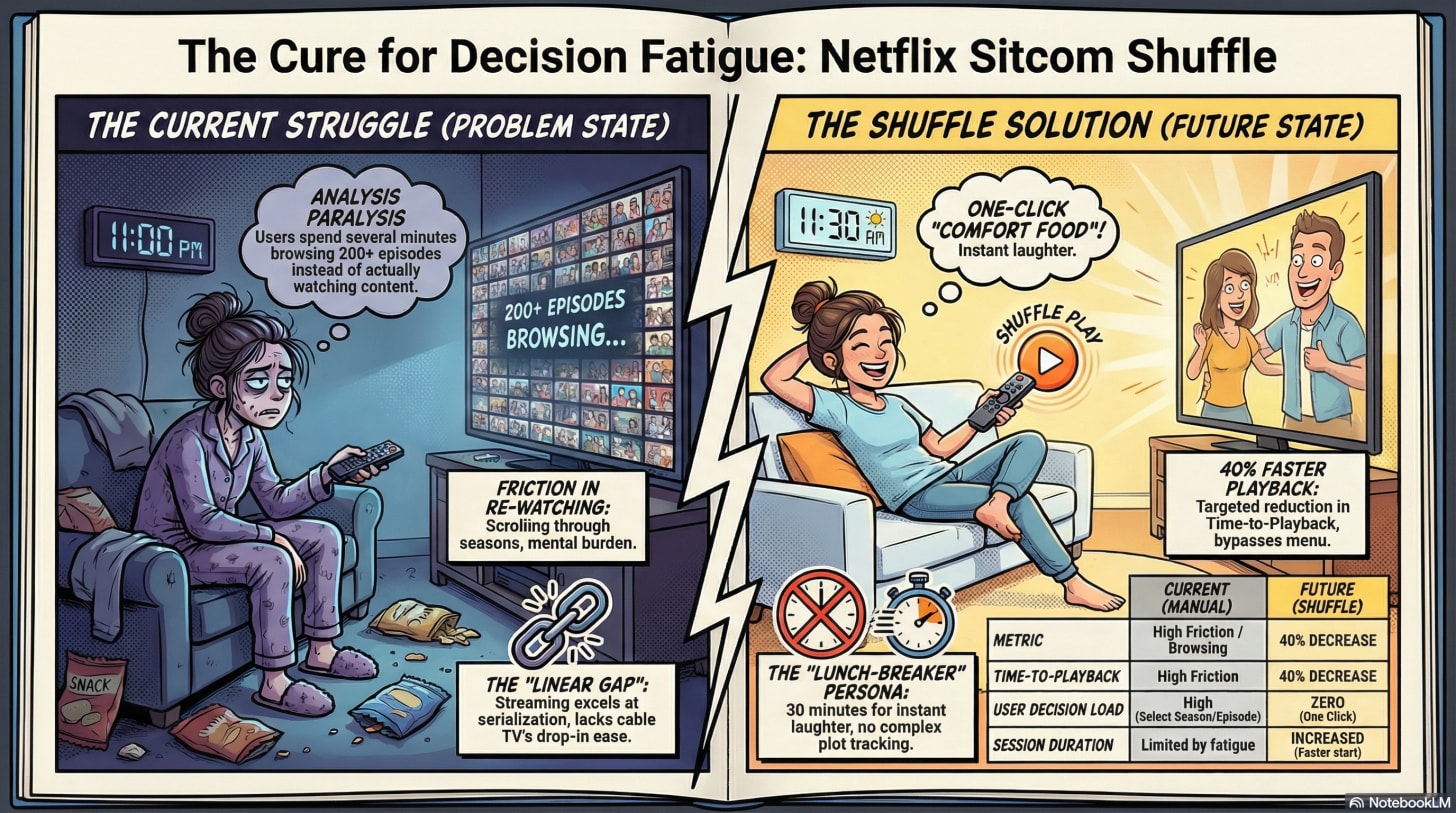 A split-screen comic showing a exhausted girl browsing Netflix at 11 PM versus a happy girl watching instantly with one click.