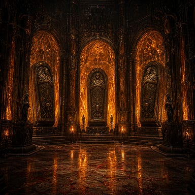 Vault of Harkotha in the Amber Temple, glowing amber walls, red‑veined marble floor, three monolithic sarcophagi in alcoves, eerie Barovian Gothic atmosphere
