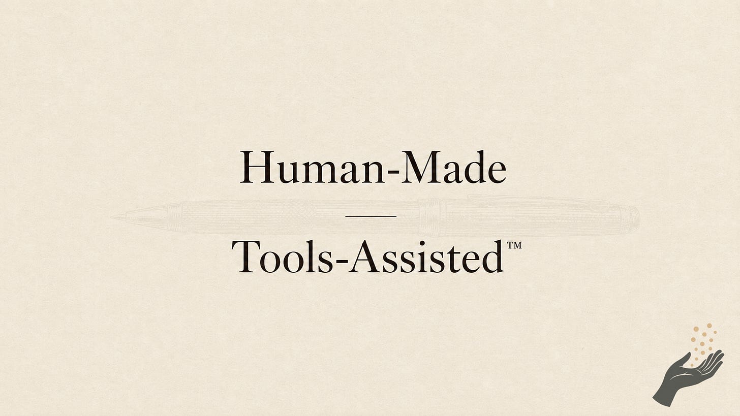 Minimal cream text card reading “Human-Made” above “Tools-Assisted™,” with a faint line drawing of a pencil behind the words. Minimal cream text card reading “Human-Made” above “Tools-Assisted™,” with a faint line drawing of a pencil behind the words.